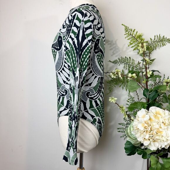 Farm Rio Printed Long-Sleeve Ribbed Bodysuit Green Black | Large - Picture 6 of 14